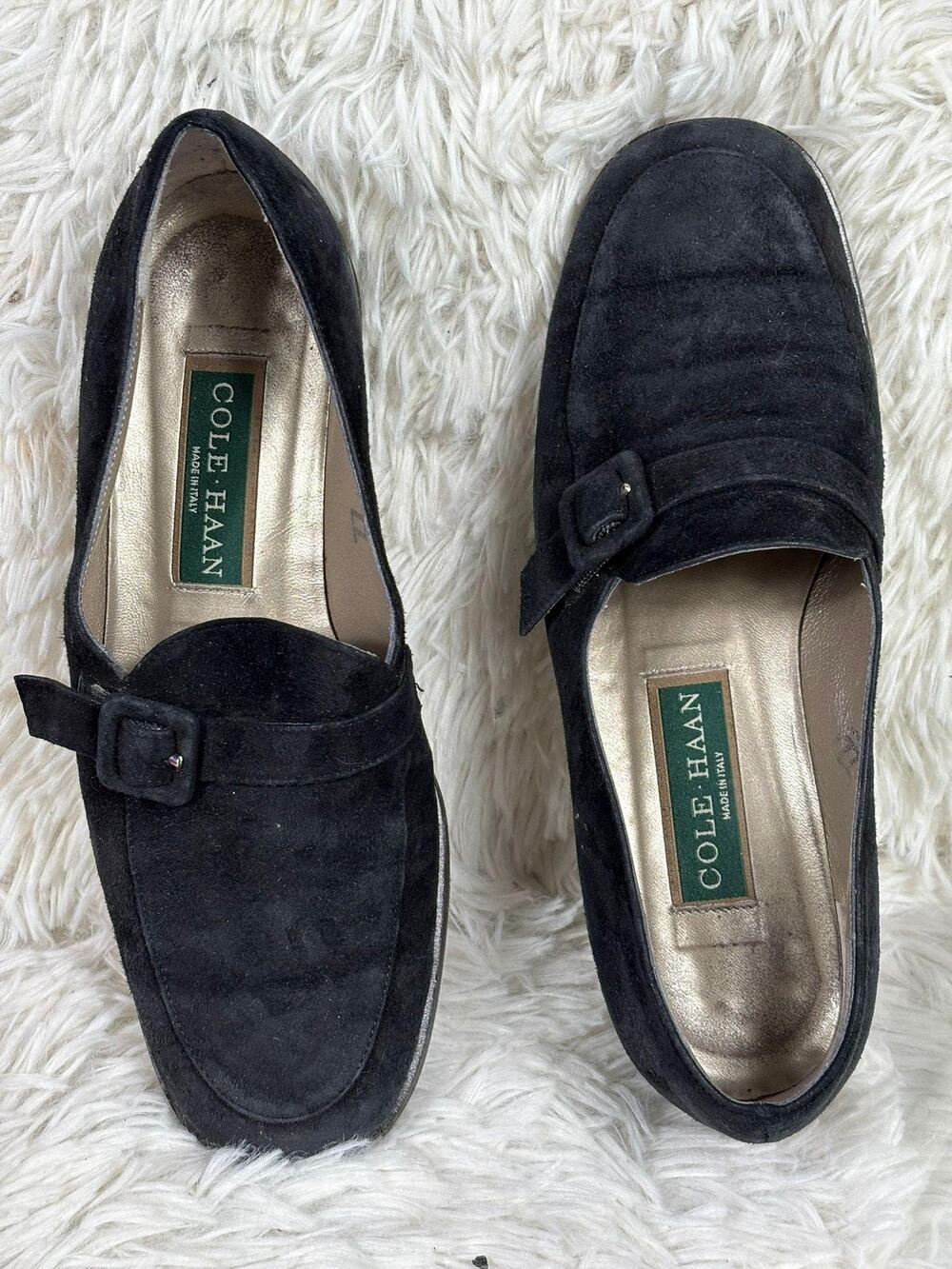 Cole Haan Shoes Womens Size 6B Black Suede Buckle Loafers Made in Italy 5062